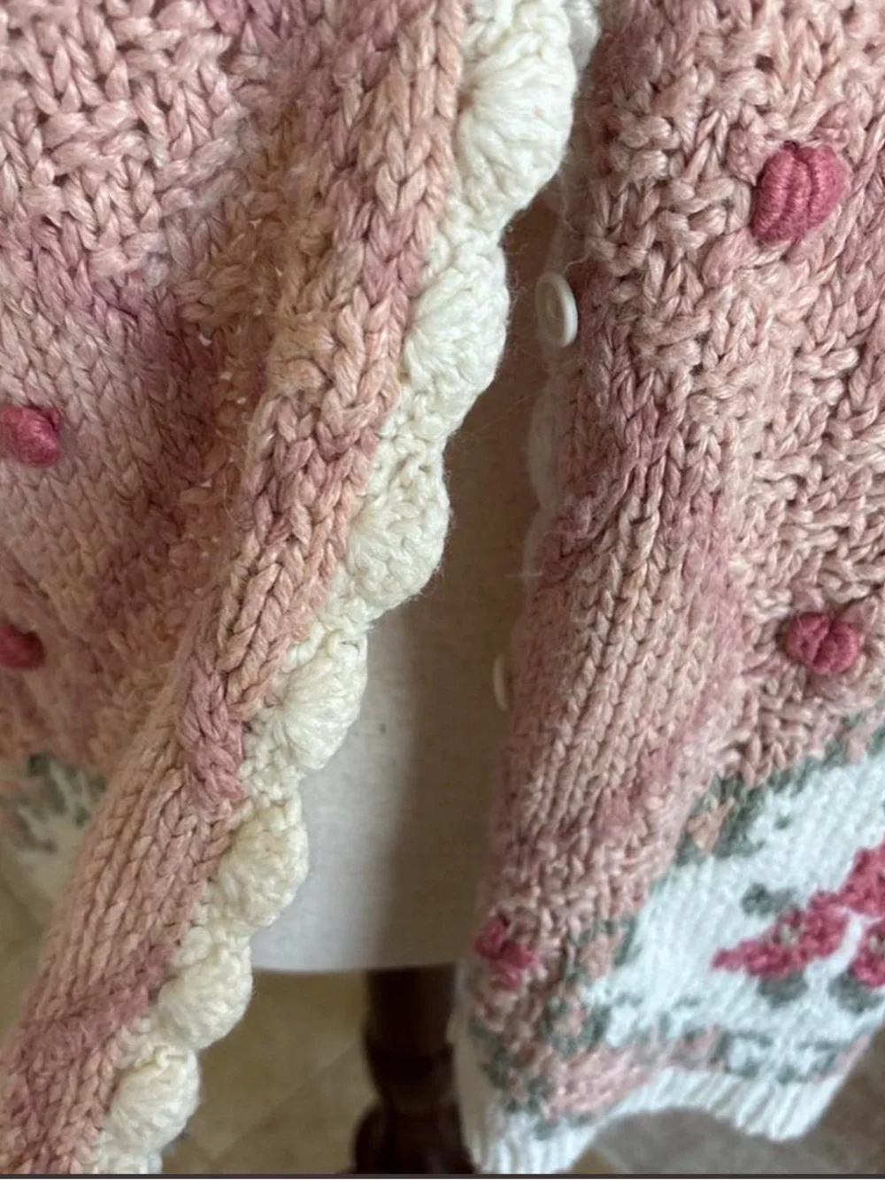 Vtg 80s oversized cardigan Classic Element pink HAND KNIT shoulder pads Korea